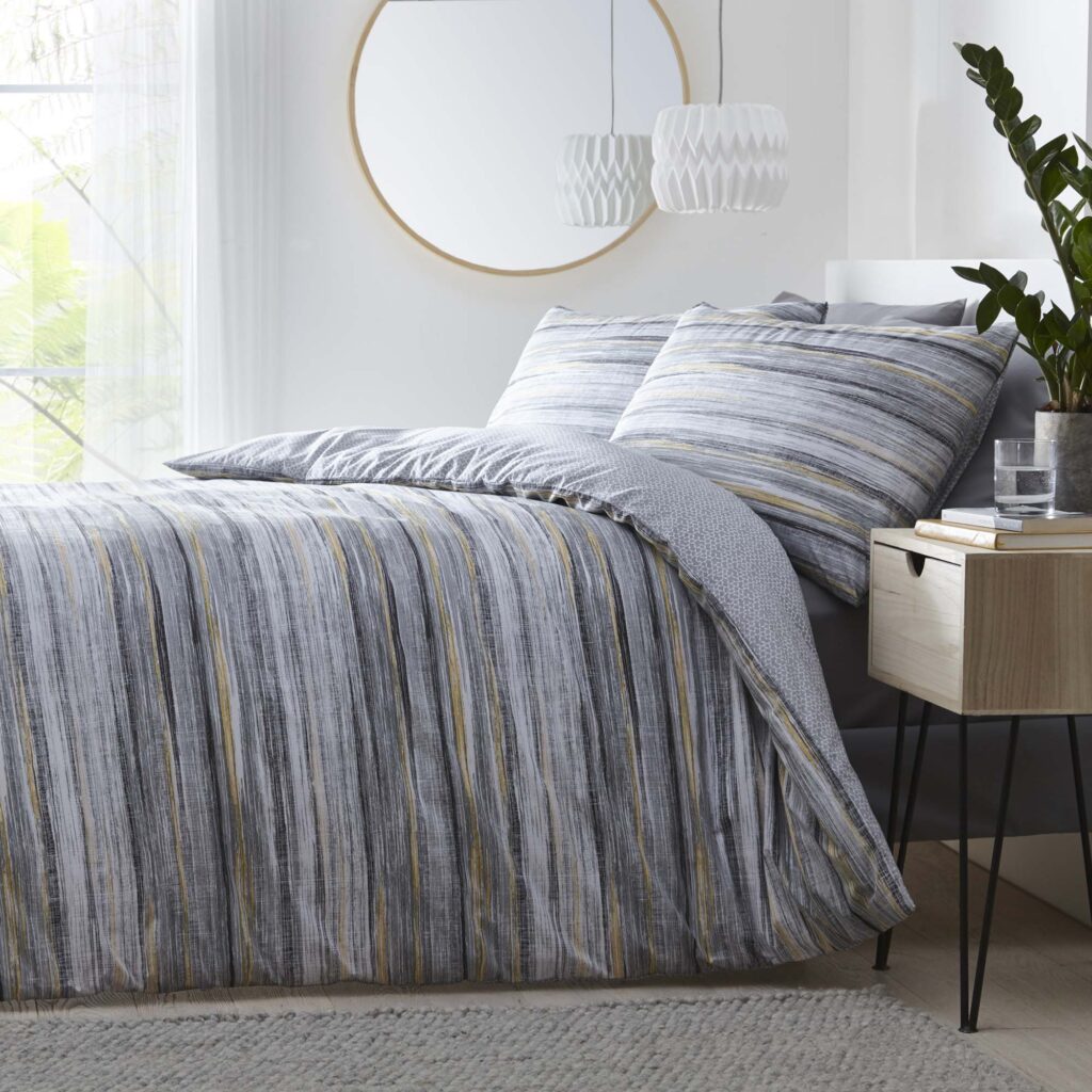 Silentnight Washed Stripe Duvet Set - Grey/Ochre